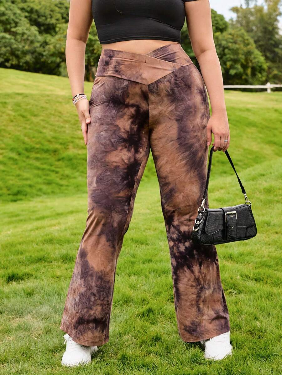 SHEIN EZwear Plus Size Tie Dye Flare Leg Pants, Casual Daily Wear