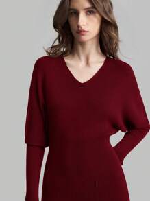 Ontre Women's 2025 New Spring Angola Red Elegant Solid Color Batwing Sleeve Sweater Dress - Red - View 1