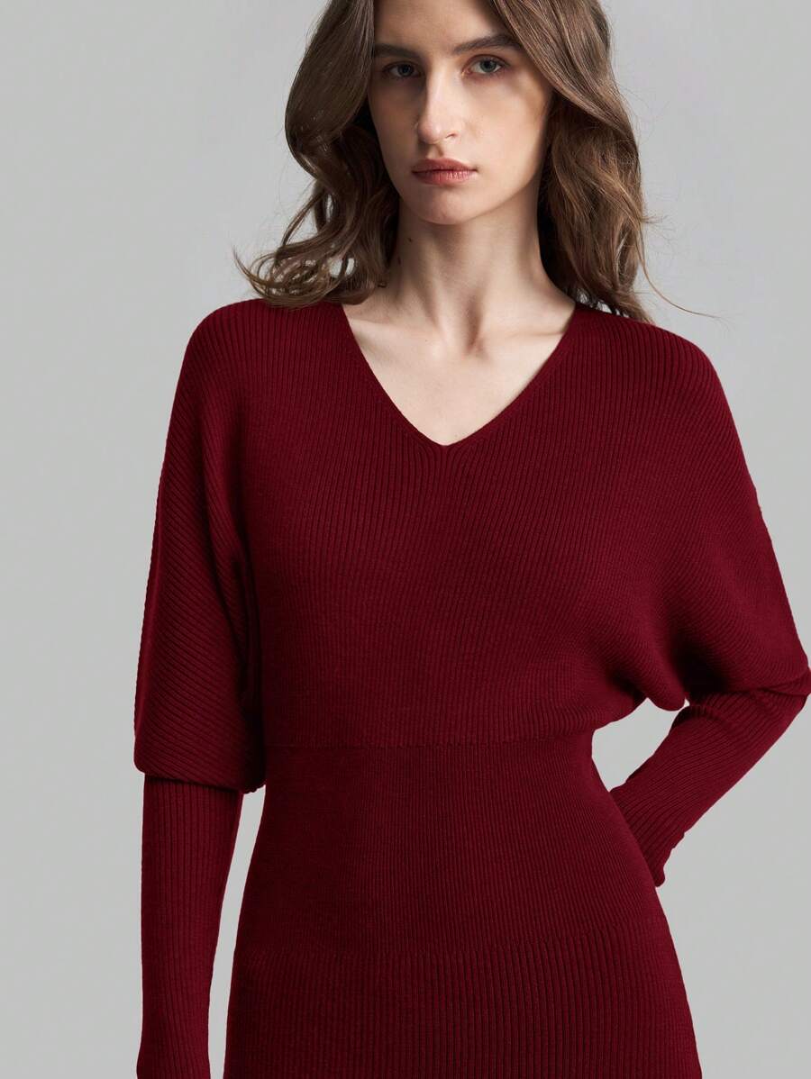 Ontre Women's 2025 New Spring Angola Red Elegant Solid Color Batwing Sleeve Sweater Dress - Red - View 1