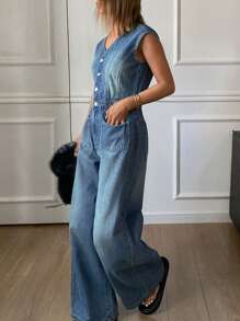 DAZY 女士V领无袖休闲连体裤和背带裤 - 中等水洗藍 - 查看 3
