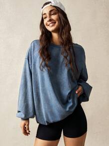 VARSITIE Crew Neck Long Sleeve Washed Blue Relaxed Casual Sweatshirt - Blue - View 6