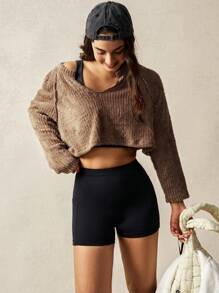 VARSITIE Women V-Neck Long Sleeve Simple Casual Crop Top T-Shirt & Tank Top Set