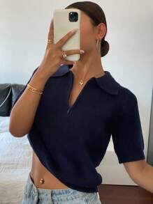 Livesso 女士修身纯色 Polo 领拉链短袖针织上衣，休闲，秋装，返校服 - 藏蓝色 - 查看 1