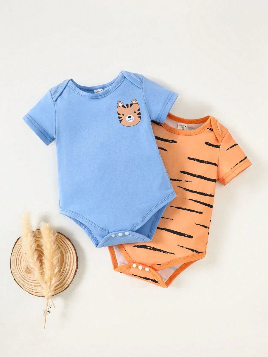 2件套男婴卡通动物老虎印花口袋装饰撞色连体衣，适合日常休闲穿着或外出活动 - 彩色 - 查看 1
