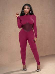 Slaydiva Neue Lässig Street Jumpsuit für Herbst und Winter mit Stehkragen, Langarm, PU Fake Gürteldesign, braun melierter Strickstoff mit PU Hose, enge Passform für Damen