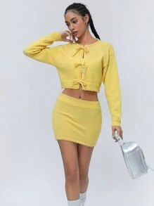 SHEIN Unity Fashionable Sweet Tie-Up Bow Cardigan Paired With Super Short Skirt As 2 Pieces Set Dopamine Soft Knit Sweater Fall Cloth For Women - Yellow - View 6