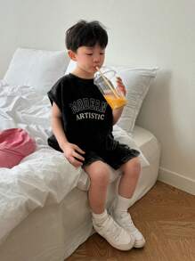 Dazy Kids 2pcs/Set Young Boy Round Neck Sleeveless Printed Simple T-Shirt And Shorts - Black - View 7