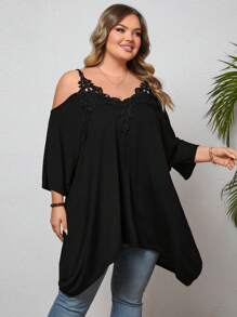 SHEIN CURVE+ Plus Size Summer Lace Collar Floral Patchwork Cold Shoulder Asymmetrical Hem T-Shirt Boho Vacation