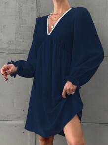 EURMUSE Solid Color Loose Fit Casual V-Neck Dress - Navy Blue - View 5