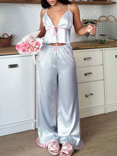 女士细肩带吊带上衣和阔腿裤睡衣套装