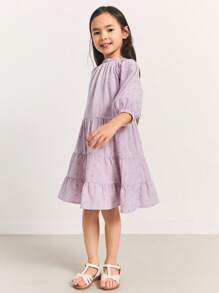 SHEIN 年轻女孩格子提花露肩泡泡袖 A 字宽松连衣裙，度假风格，春季 - 粉色 - 查看 3