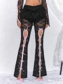 ROMWE J-Fashion 女士性感蕾丝透视蝴蝶结装饰喇叭裤 - 黑色 - 查看 1