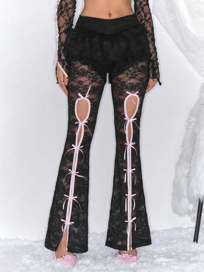 J-Fashion Pantalon évasé à décoration papillon transparent et dentelle sexy pour femmes