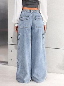 SHEIN Jeans casuales holgados de mezclilla con bolsillos, pliegues y diseño de pierna ancha para adolescentes, con botones, bolsillos y cremallera, cintura baja y pierna ancha, color azul claro holgado para niñas, para primavera/verano, uso casual diario, atuendos de verano bohemio, rave y festival