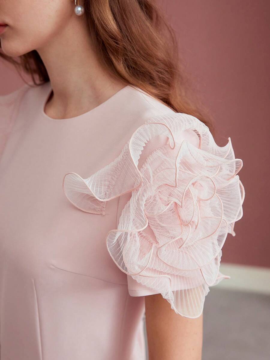 MOTF PREMIUM VESTIDO CON VOLANTES DE MALLA DE CONTRASTE - Rosa - Ver 2