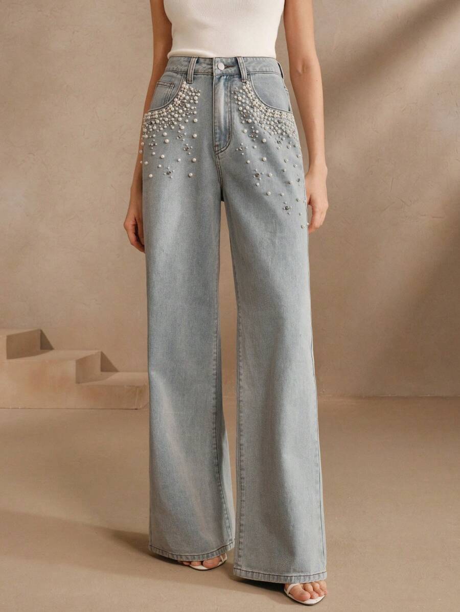 Anewsta Tall Quần jeans ống đứng đính hạt lấp lánh thời trang dành cho nữ, thích hợp cho mùa xuân và mùa hè, quà tặng Ngày của Mẹ. - Màu xanh lam - Xem 1