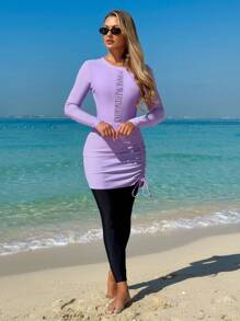 Swim Mulvari 2025 Middle East Style Women's 3-Piece Modest Swimwear Set - Ruched Long Sleeve Top, Pants, And Cover Up Skirt - Burkini Swimsuit Set, For Summer Beach VacationArabic Clothing - Purple - View 4