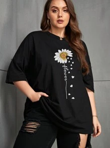 INAWLY Plus Size Women Floral Print Round Neck Short Sleeve Casual Top For Summer - Black - View 3