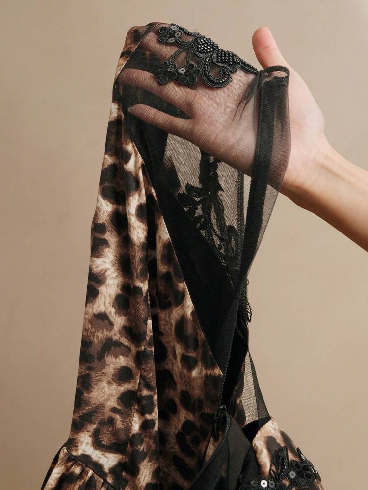 Spring Women Elegant Lace Leopard Print Cinched Waist Slim Fit Long Sleeve Dress