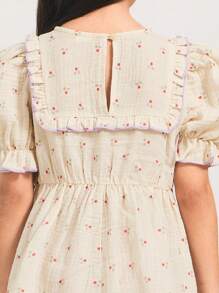 THE HAPPY LOOK Young Girls' Polka Dot Pattern Woven Fabric Round Neck Ruffle Trim Puff Sleeve Gathered Waist Flared Hem Color Block Dresses, Pastoral Style
