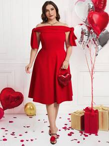 Ellevyn Plus Size Elegant Valentine's Day Solid Red Off Shoulder Bowknot A-Line Dress Outfit