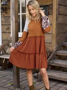 LanaWest Women's Waffle Knit Patchwork Leopard Print Smock Dress, Casual Country Style Long Sleeve Dress Fall Cloth For Women