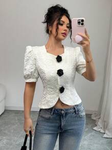 Chiquease Women's Casual Square Collar Flower Decor Bubble Short Sleeve Cropped Blouse