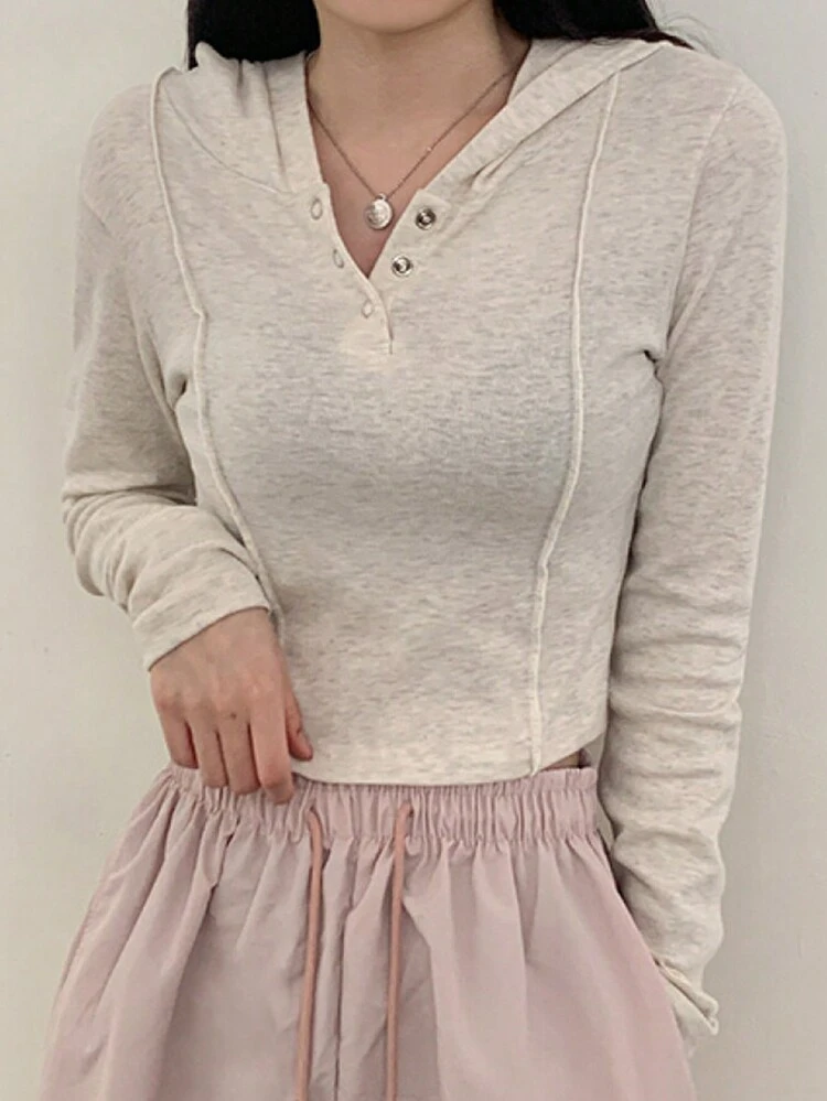 Women Front Button Long Sleeve Casual Slim Fit Hooded T-Shirt