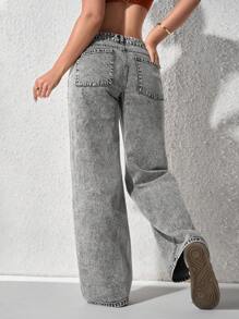 SHEIN ICON Women's Front Button Pocket Simple Design Casual Denim Jeans - Grey - View 3