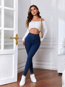 SHEIN Tall Jeans casuales sencillos y de moda para mujer, uso diario - Azul lavado oscuro - Ver 5