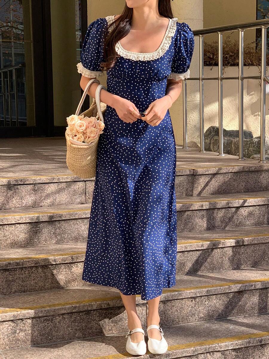 DAZY 女士圆领蕾丝拼接波尔卡圆点中长连衣裙夏季太阳裙，休闲女装 - 藍色 - 查看 1