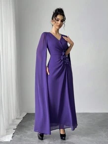 Modelyn Váy lưới dài tay thanh lịch cho nữ có họa tiết hoa 3D - Màu tím - Xem 4