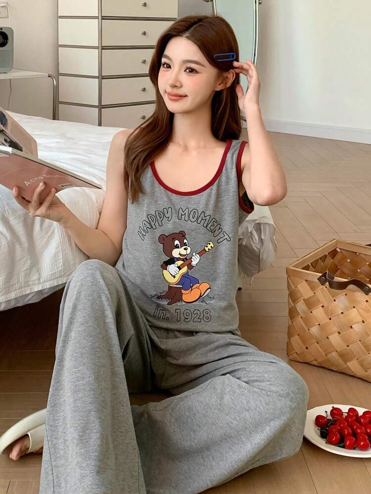 Cartoon Print Contrast Trim Decor Camisole And Loose Straight Leg Pajama Pants Set
