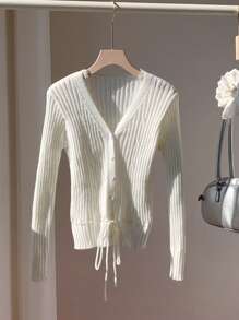 SHEIN EZwear Women's Casual Solid Color Drawstring Waist Cardigan, Autumn - White - View 3