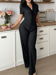 2 件套女士纯色撞色蕾丝短袖上衣和裤子，性感睡衣套装 - 黑色 - 查看 4