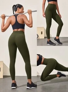 GLOWMODE Leggings con fajín y bolsillos laterales FeatherFit™-Sculpt de 24 pulgadas, con ajuste ceñido y antideslizante, control de abdomen, adecuado para entrenamiento, ejercicio y gimnasia de impacto medio - Verde militar - Ver 12