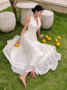 DAZY 女士纯色露背吊带长款优雅连衣裙 优雅吊带裙 婚礼女装 度假装 - 白色 - 查看 8