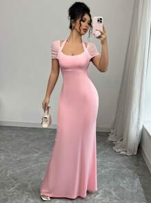 SHEIN PETITE Váy bó hở lưng cổ đan màu trơn thanh lịch kiểu Pháp dành cho nữ, mùa thu - Hồng - Xem 5