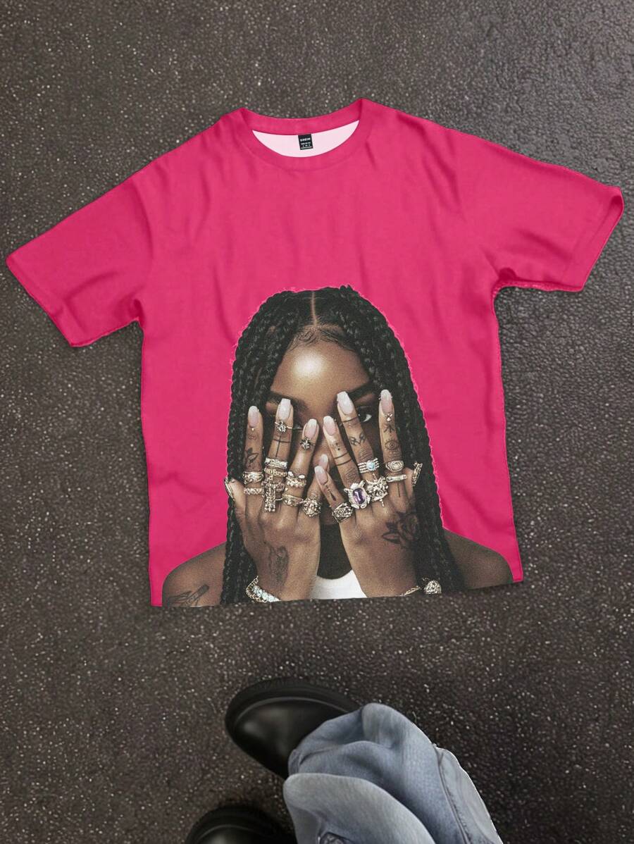 Slaydiva Casual Tattoo And Dreadlock Graphic Round Neck Loose T-Shirt, Suitable For Spring/Summer - Hot Pink - View 1
