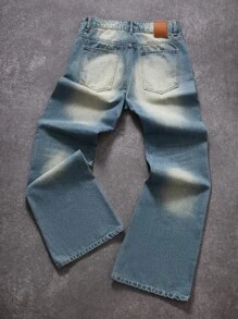 Manfinity EMRG Men's Mid-Blue Distressed Loose Street Style Flared Jeans, Streetwear - Dark Wash - View 2