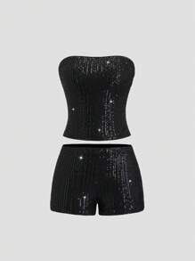 SHEIN Unity Bộ 2 áo liền quần sequin cho nữ, thời trang tối giản và mặc hàng ngày - màu đen - Xem 7