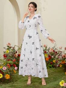 Modelyn 女士时尚印花长袖连衣裙 女式长款套装 - 白色 - 查看 6