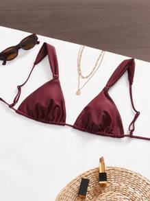 SHEIN ICON Women's Spring Summer Solid Color Burgundy Red Spaghetti Strap Swimwear Top, Vacation Beach - Burgundy - View 4