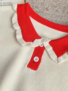 SHEIN Young Girls Red Fitted Polo Neck Sweater, Autumn/Winter - Beige - View 4