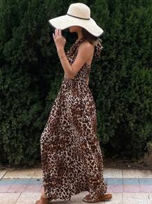 DAZY Leopard Print Halter Jumpsuit With Drawstring Bowknot , Bohemian Style For Women, Spring/Summer Vacation Cheetah Print Women Rompers - Brown - View 7