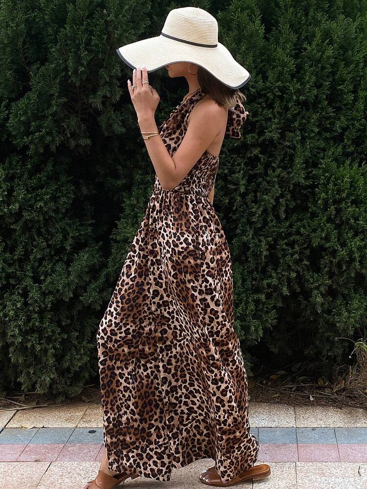 Leopard Print Halter Jumpsuit With Drawstring Bowknot , Bohemian Style For Women, Spring/Summer Vacation Cheetah Print Women Rompers