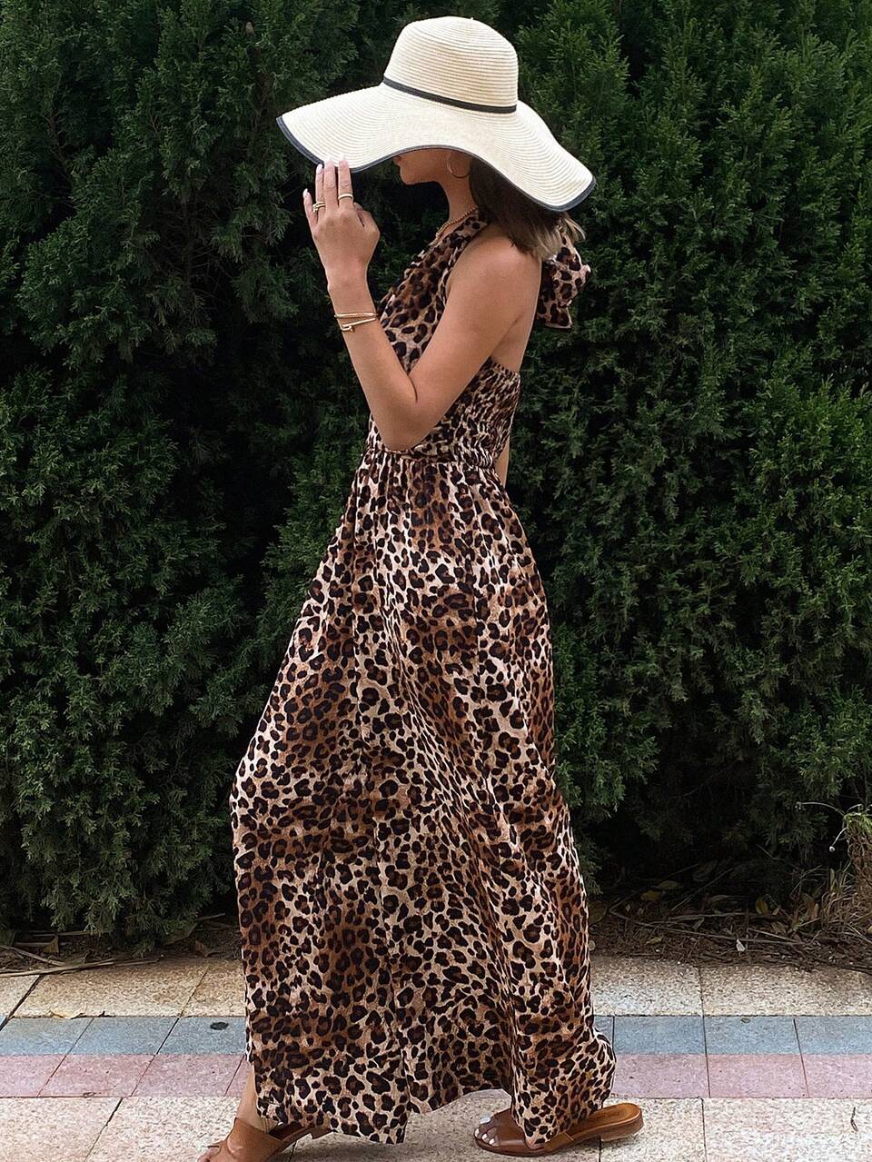 Leopard Print Halter Jumpsuit With Drawstring Bowknot , Bohemian Style For Women, Spring/Summer Vacation Cheetah Print Women Rompers