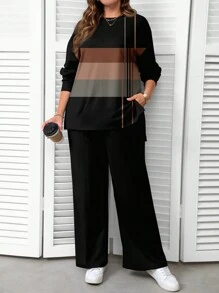 EMERY ROSE Striped Print Casual Minimalist Plus Size Sweatshirt Set, Suitable For Spring And Autumn - Multicolor - View 1