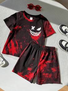 Young Boys Summer Casual Loose Smiling Face Tie Dye Print Short Sleeve Top And Elastic Waist Shorts Set,Suitable For Outdoor Play,School,Street,Party - Black - View 7