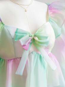 Soleia Women Plus Size Gradient Organza Tie Bow Ruffle Decor A-Line Flare Sleeve Blouse, Spring - Multicolor - View 7